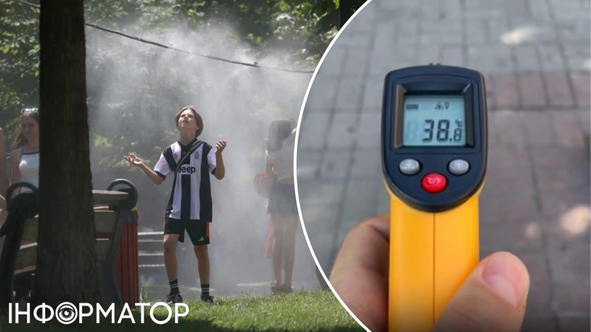 Термометр на тлі спекотного міського пейзажу Києва