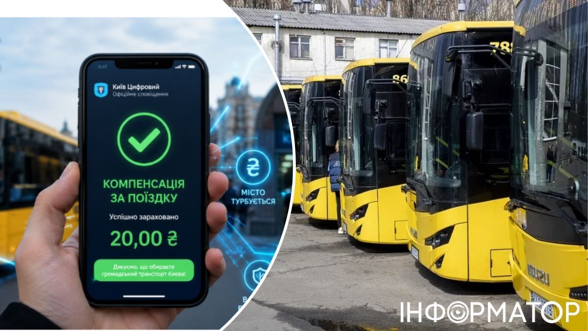 Зображення екрану телефону із застосунком Київ Цифровий на фоні транспорту