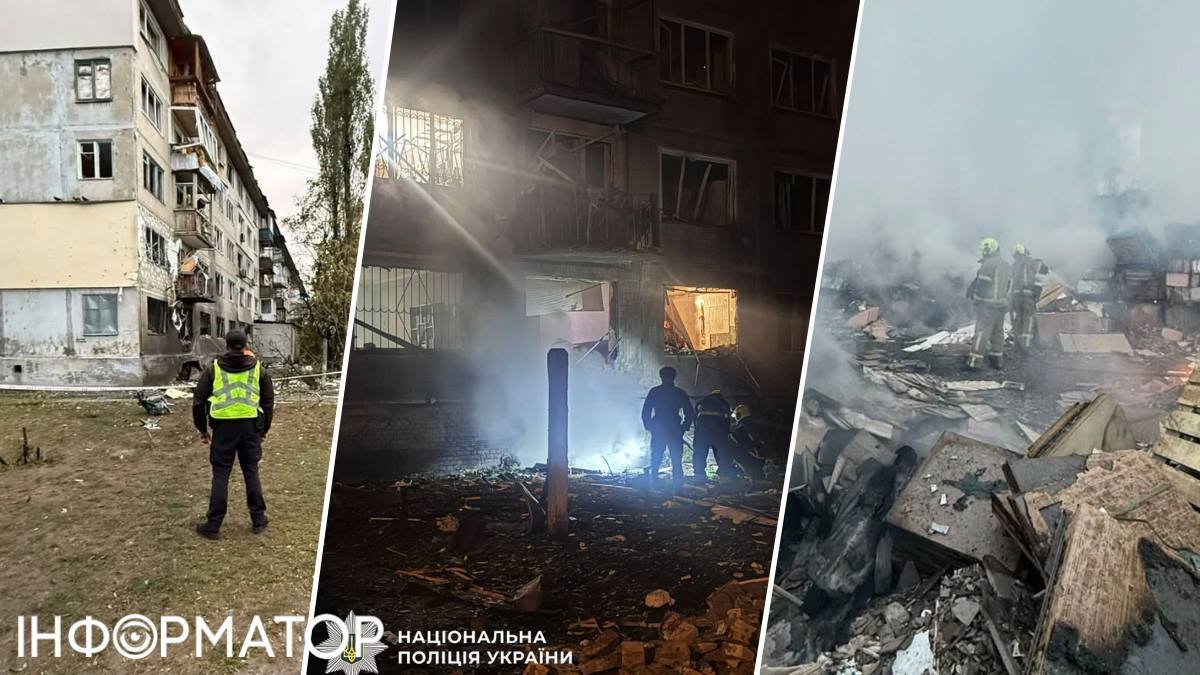 Пошкоджений житловий будинок у Дніпровському районі Києва після атаки