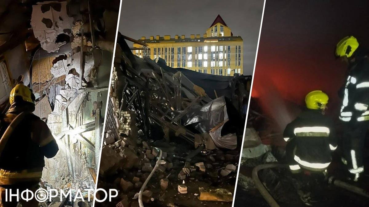 Пошкоджені будівлі та автомобілі після ракетного удару в Києві